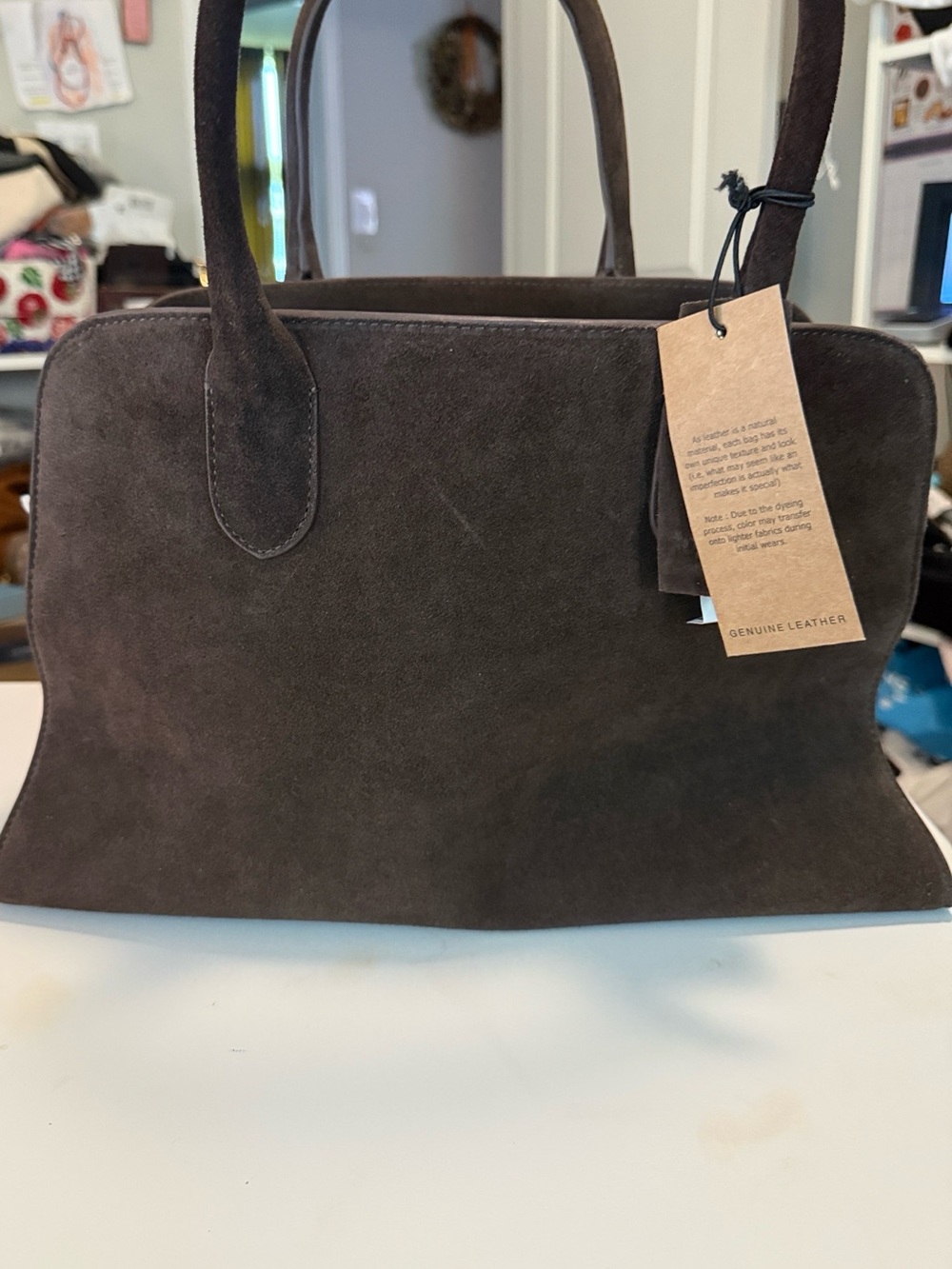 Structured Dark Brown Suede Top-Handle Satchel